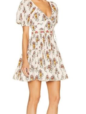 Agua by Agua Bendita Cream Mini Dress with Yellow & Pink Floral Print
